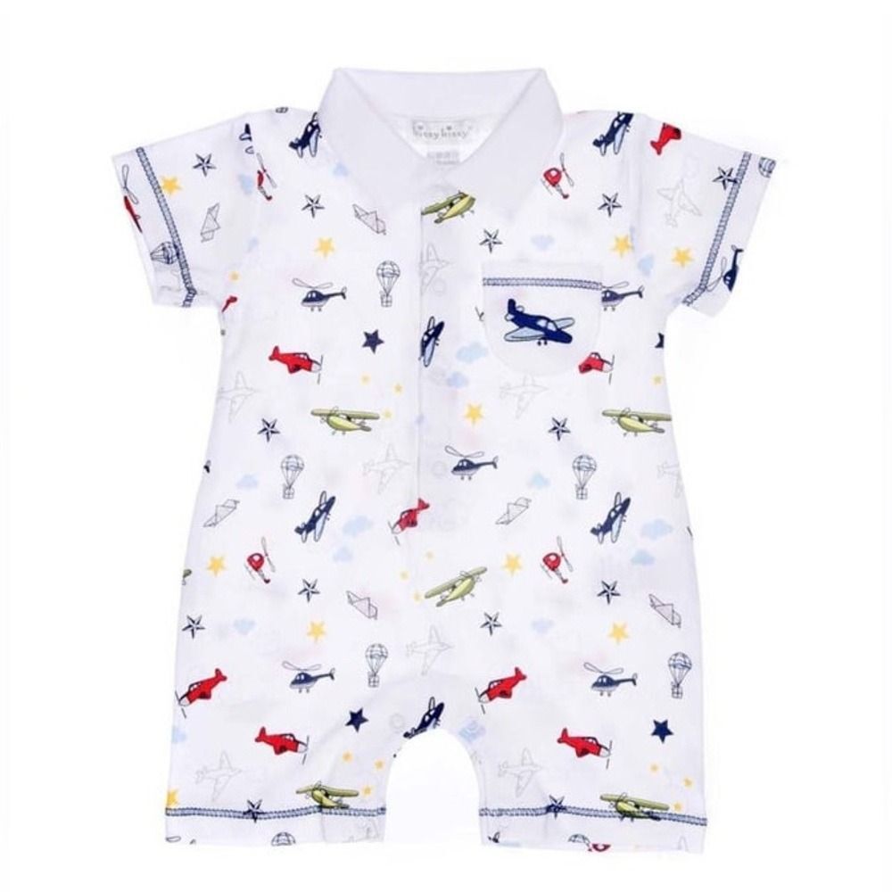 Kissy Kissy Kids 3-6M Collared Aviators Short Playsuit Pima Cotton Full Snap